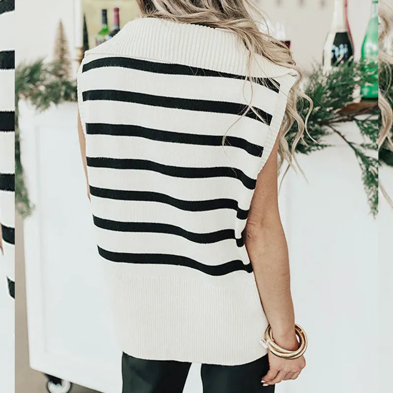 Knitted Striped Lapel Vest Vest