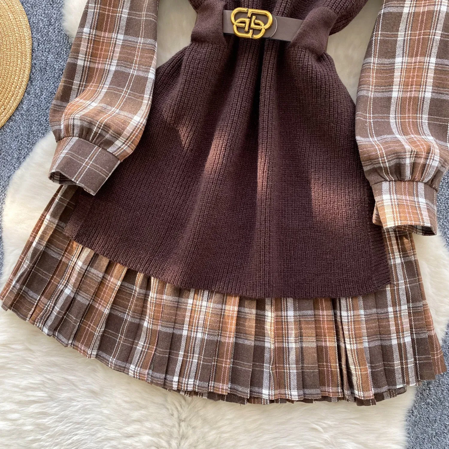 Knitted Vest & Plaid Shirt Dress 2Pcs