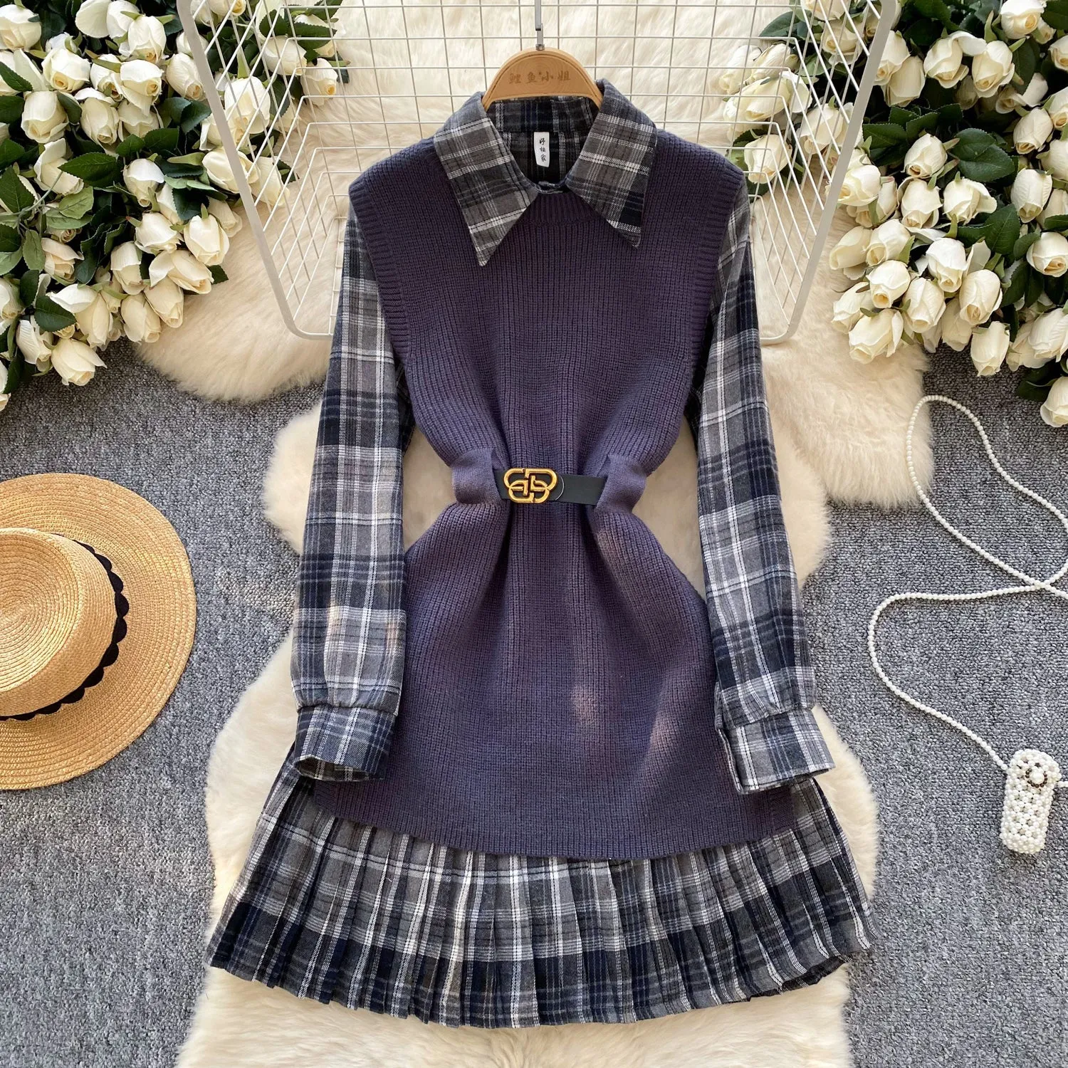 Knitted Vest & Plaid Shirt Dress 2Pcs