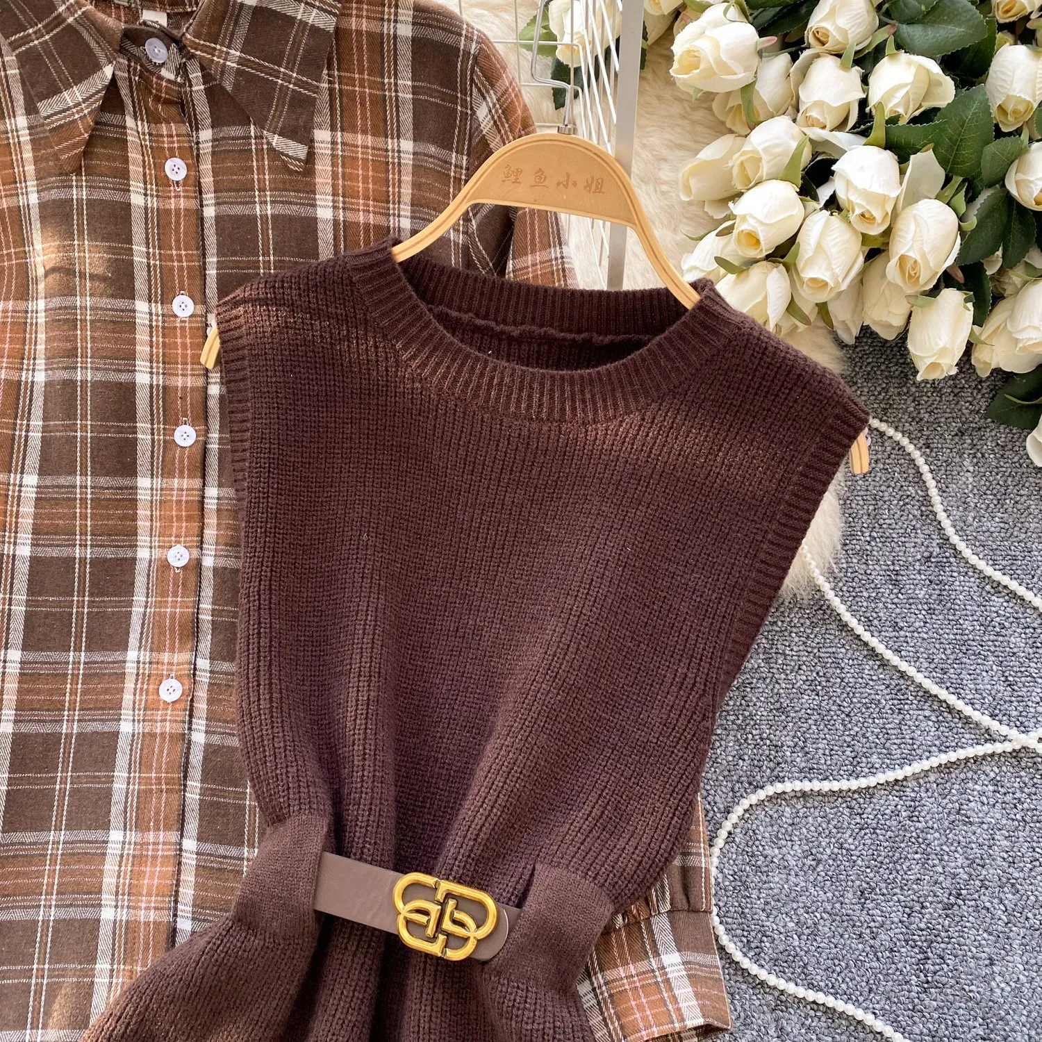 Knitted Vest & Plaid Shirt Dress 2Pcs