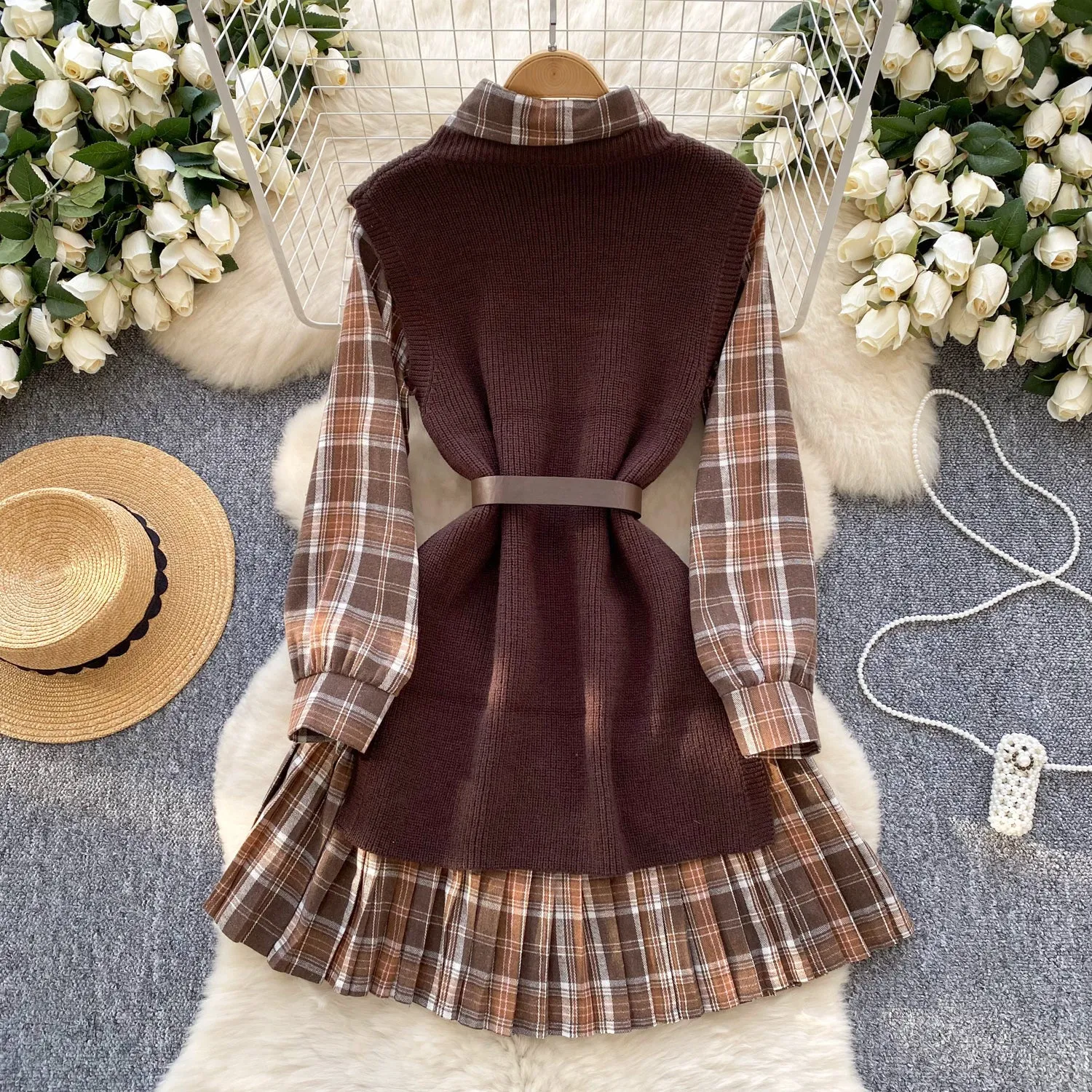 Knitted Vest & Plaid Shirt Dress 2Pcs