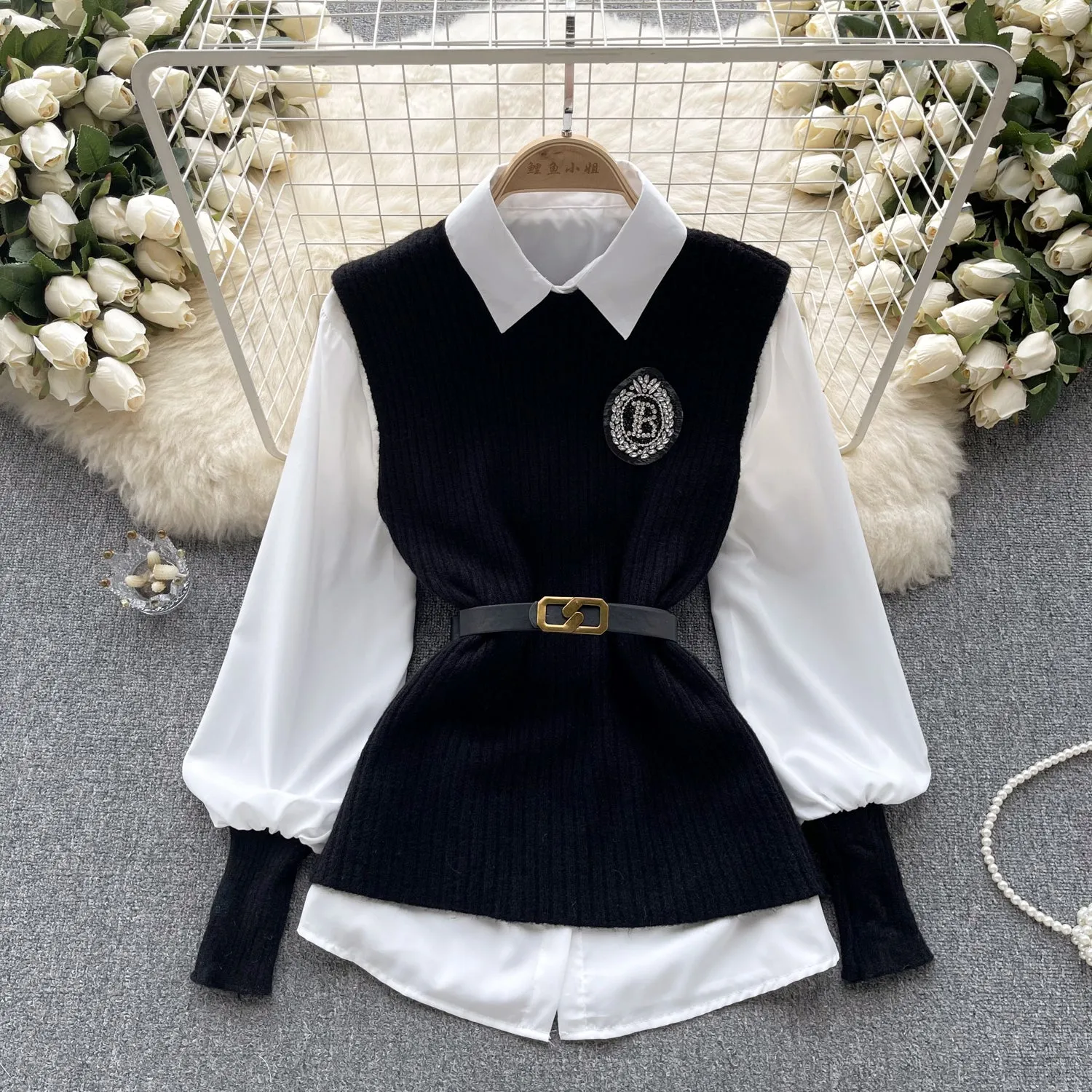 Knitted Vest&White Shirt Uniform 2Pcs