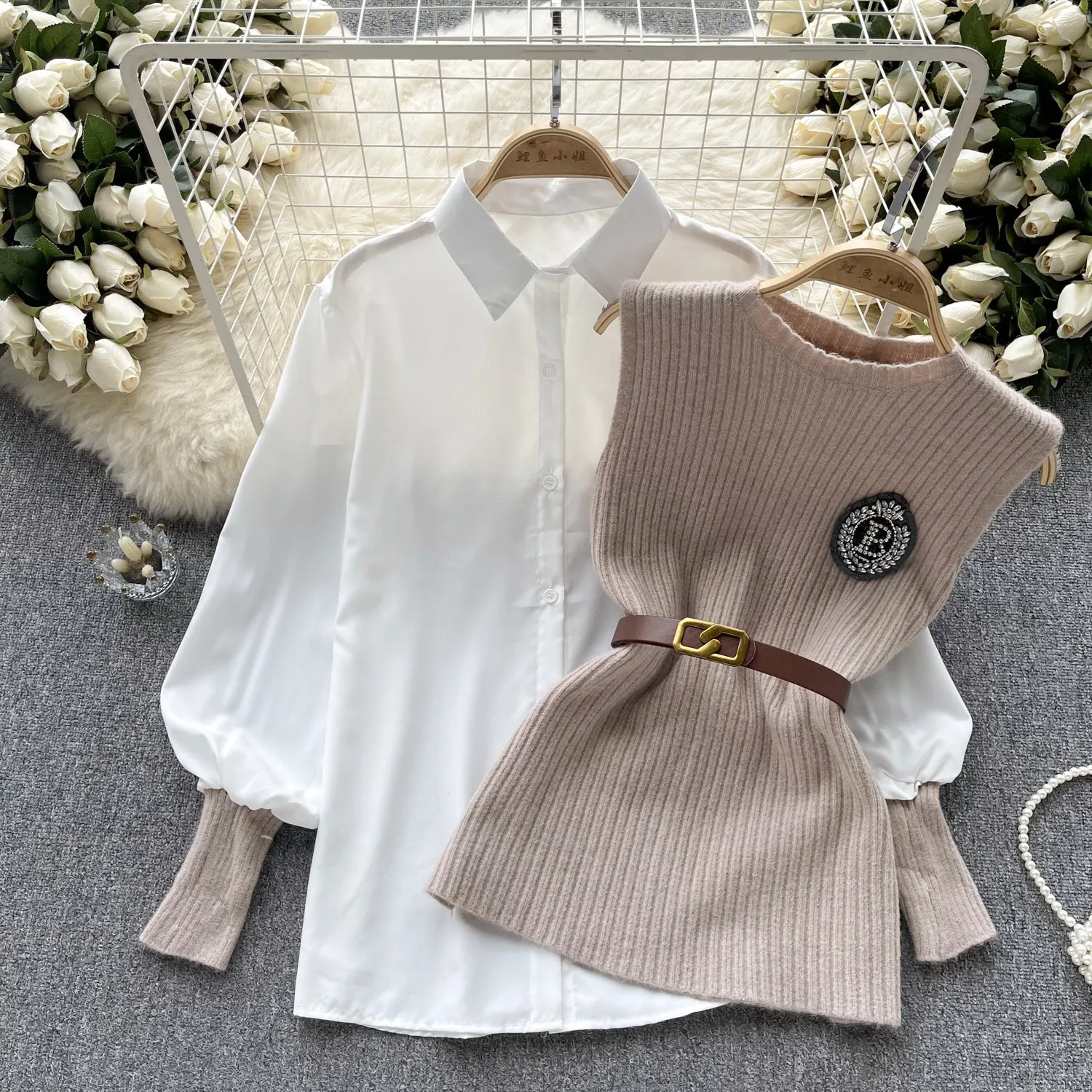 Knitted Vest&White Shirt Uniform 2Pcs