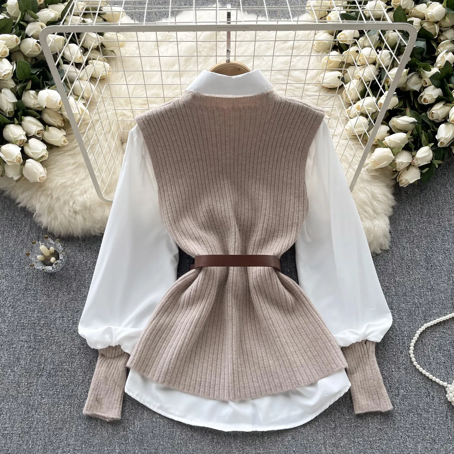 Knitted Vest&White Shirt Uniform 2Pcs