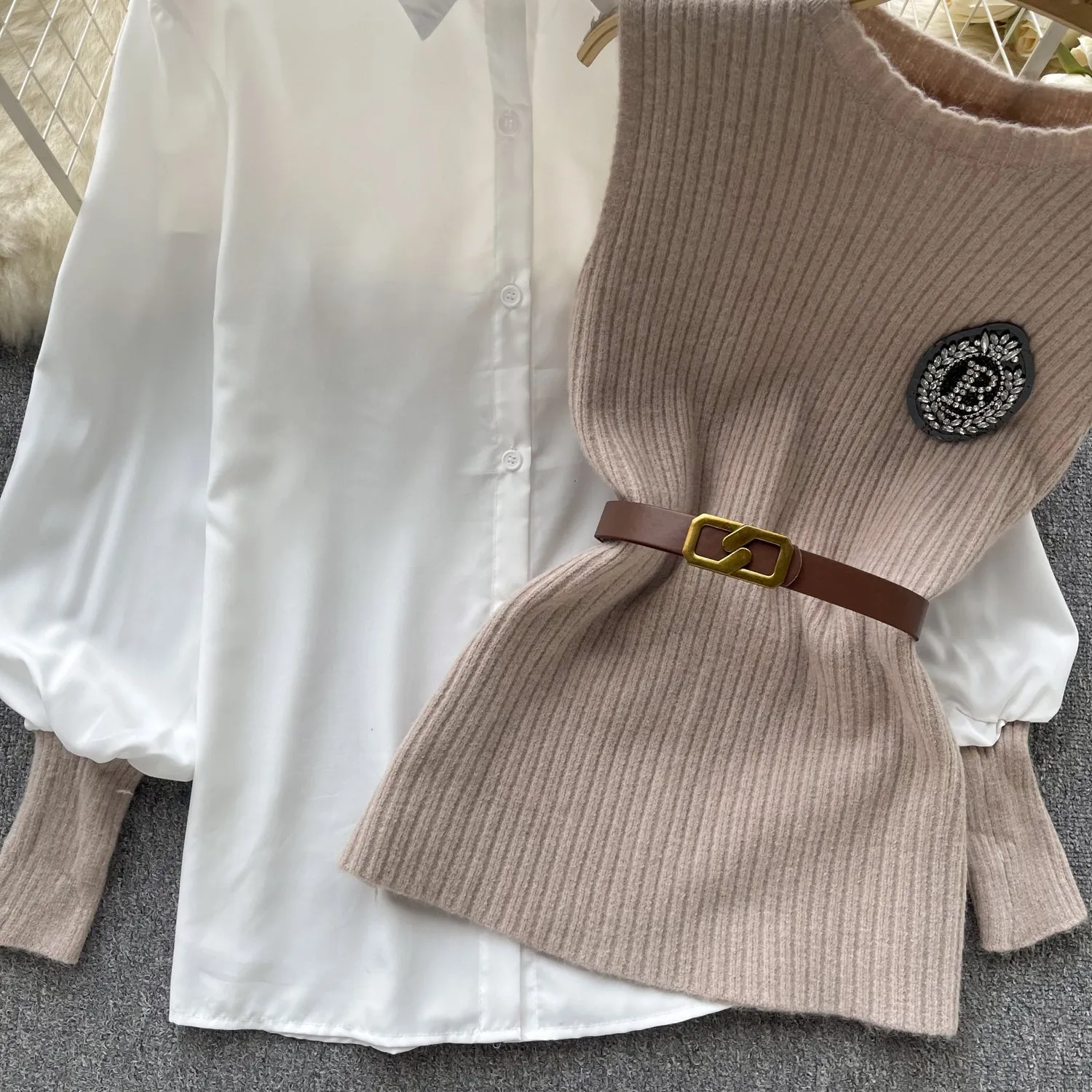 Knitted Vest&White Shirt Uniform 2Pcs