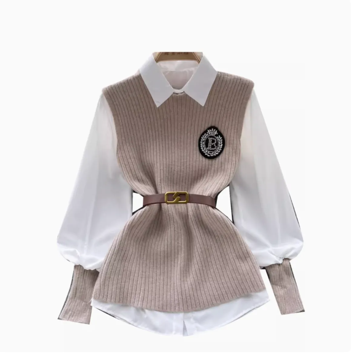 Knitted Vest&White Shirt Uniform 2Pcs