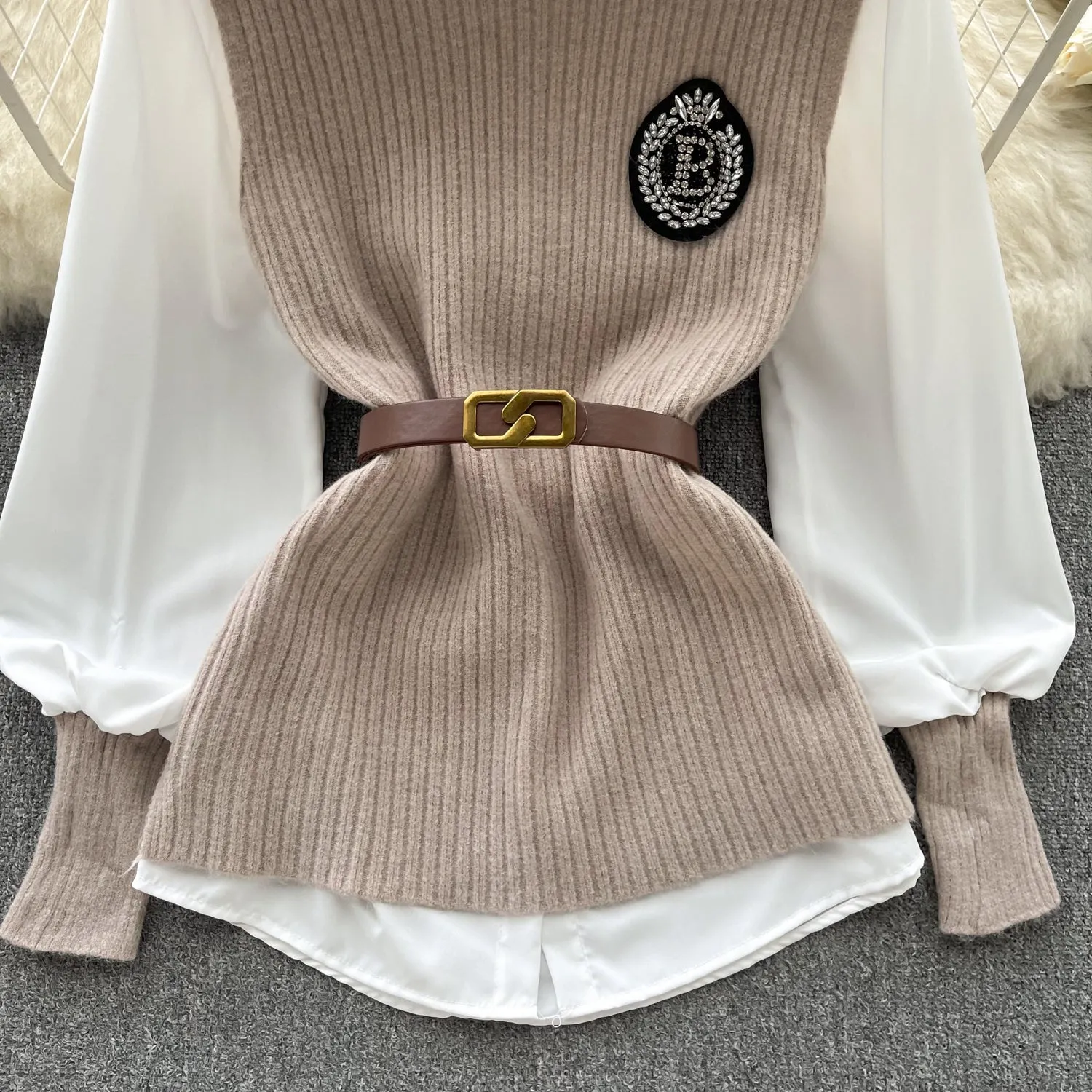 Knitted Vest&White Shirt Uniform 2Pcs