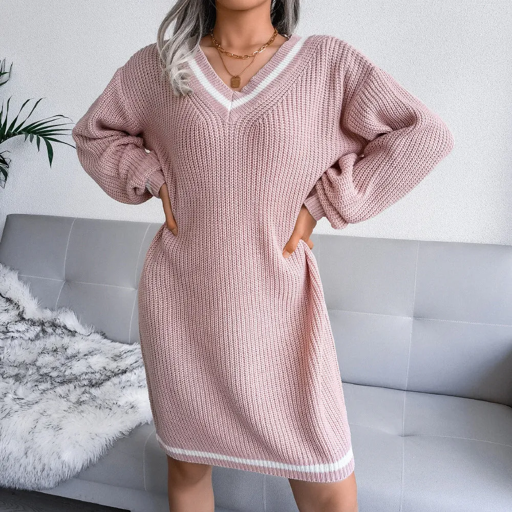 Knitting V Neck Sweater Dress Women Wholesale