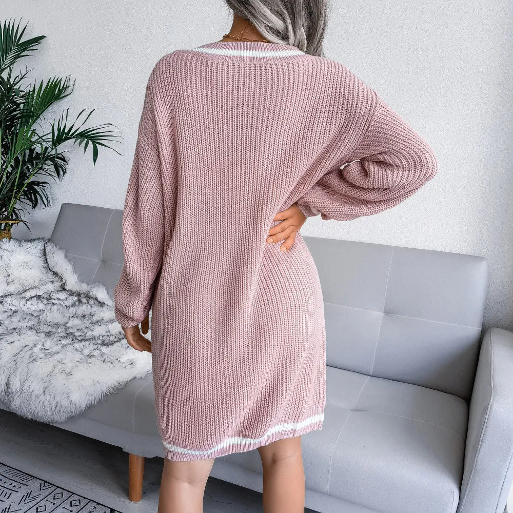 Knitting V Neck Sweater Dress Women Wholesale