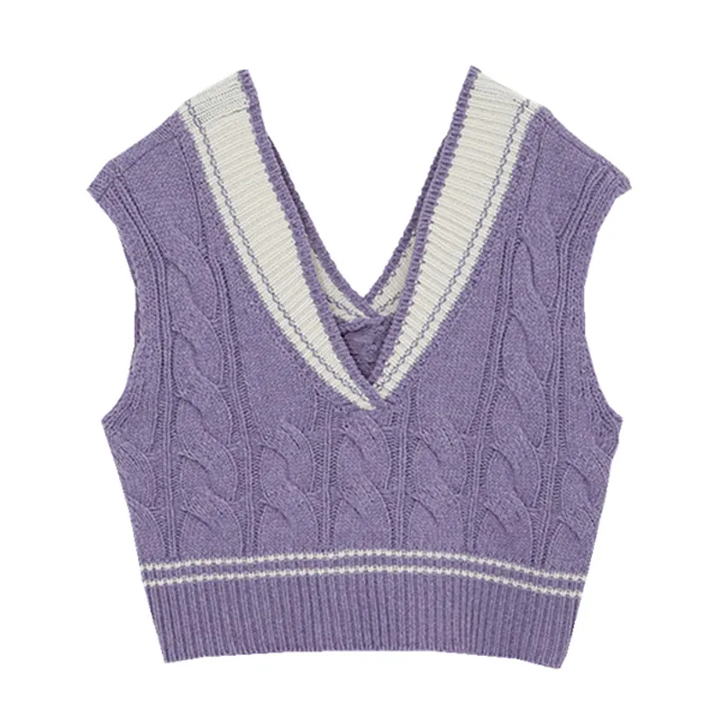 Kpop star purple knitted V-neck vest drop shoulder stripes new loose casual sleeveless sweater