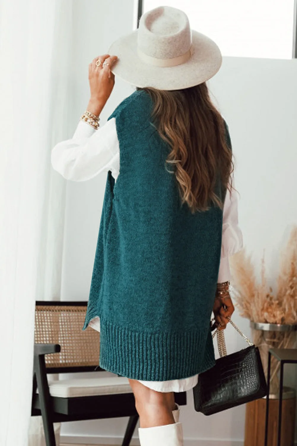 Ladies Plain Knitted Long Pullover Sweater Vest