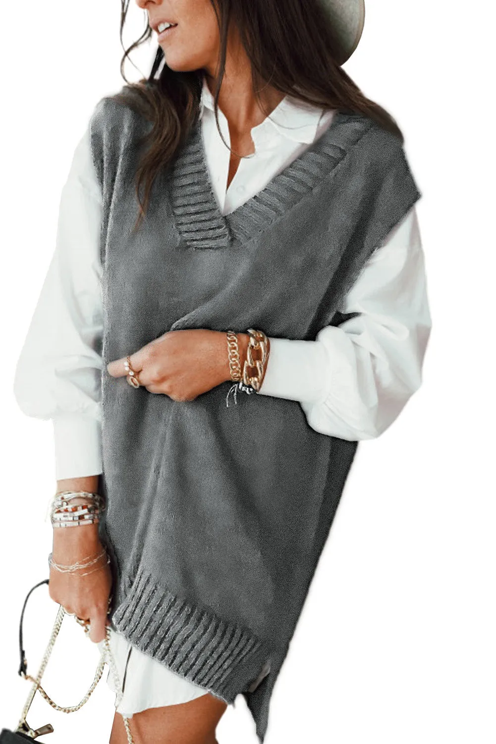 Ladies Plain Knitted Long Pullover Sweater Vest