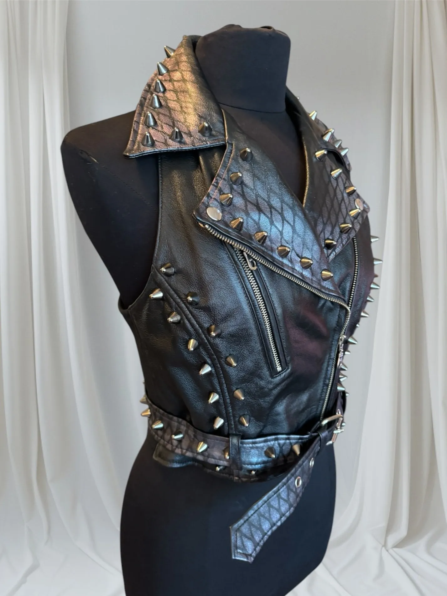 Lavender Metallic Detailed Studded Leather Biker Vest, M