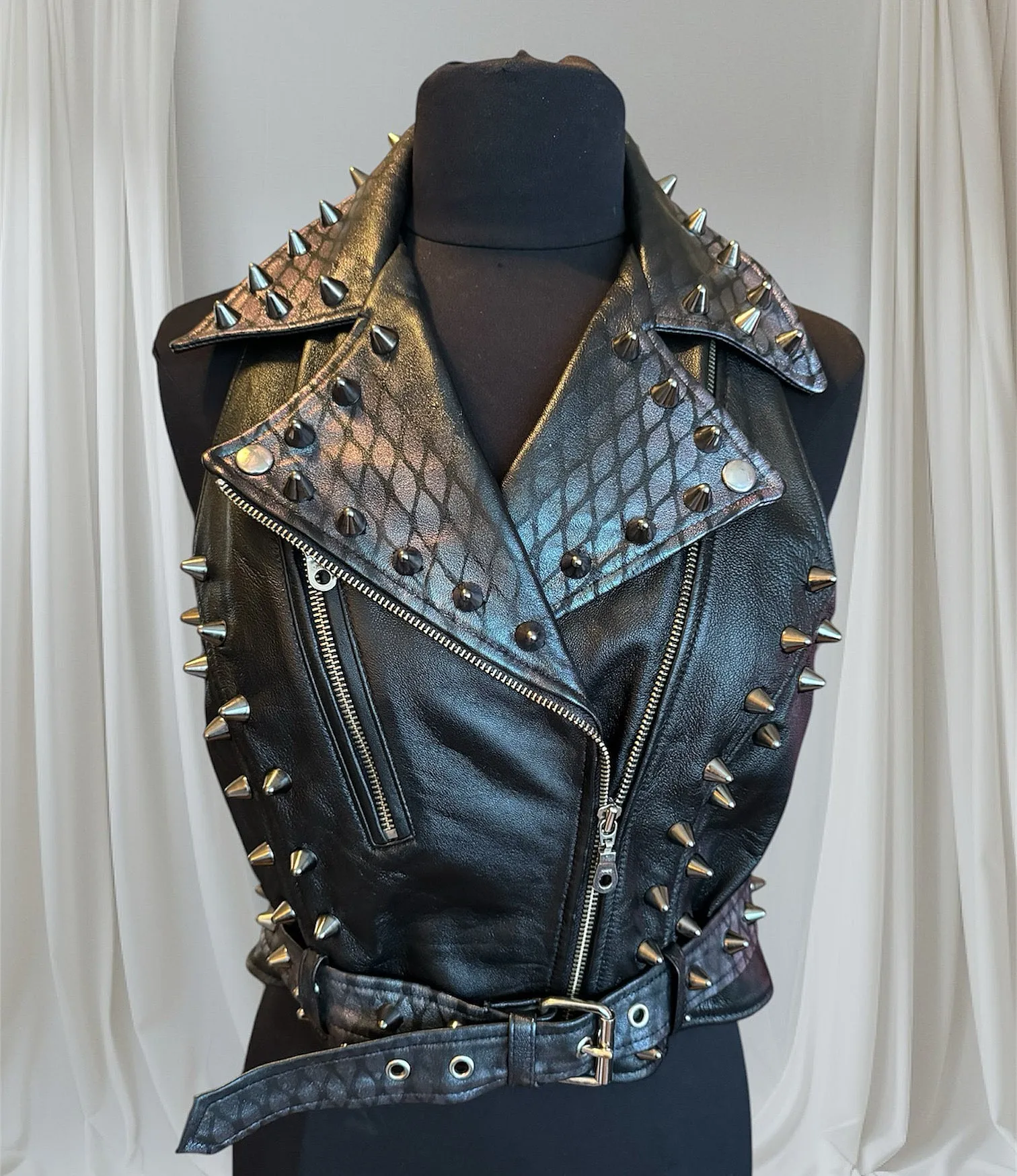 Lavender Metallic Detailed Studded Leather Biker Vest, M