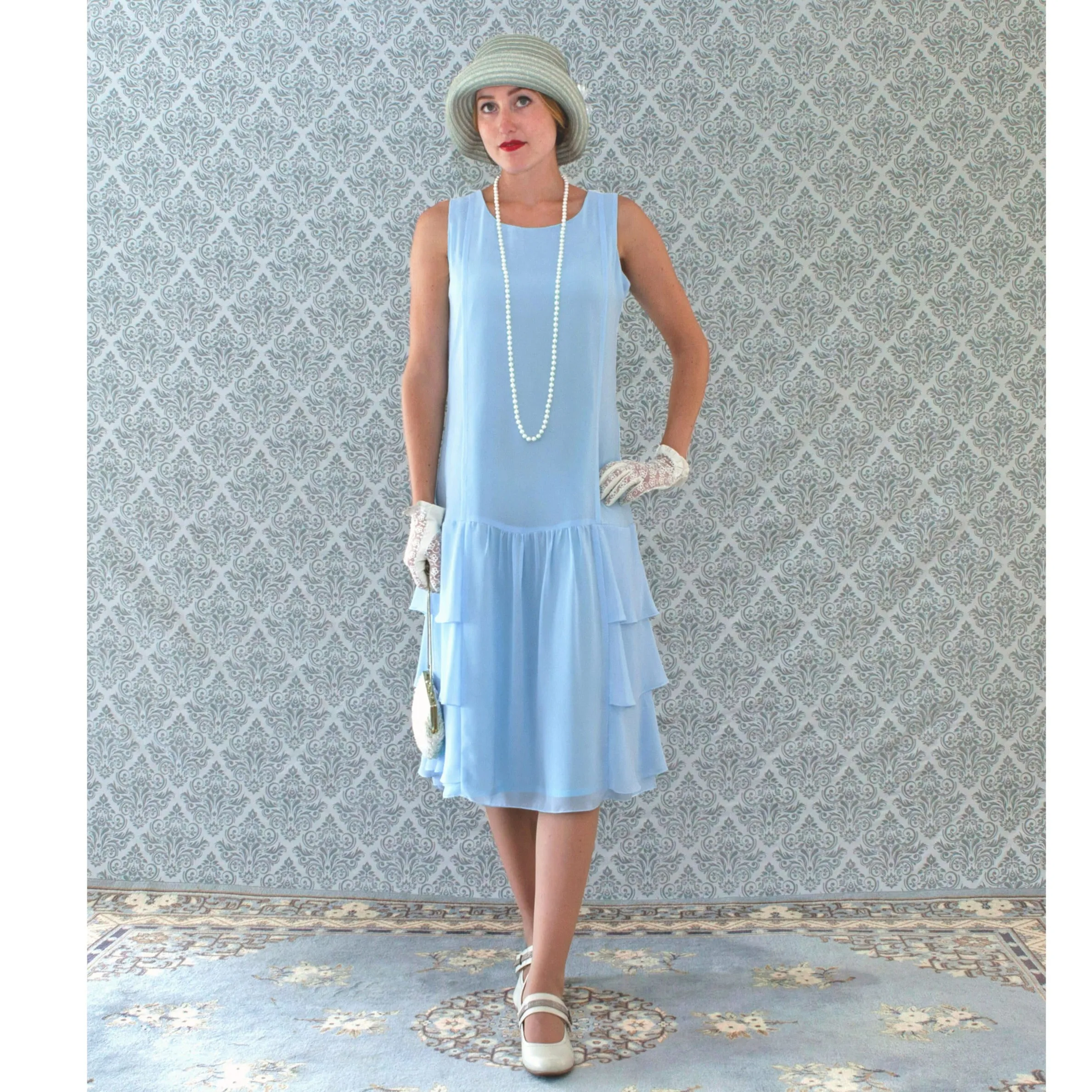 Light blue Roaring 20s dress with tiered skirt