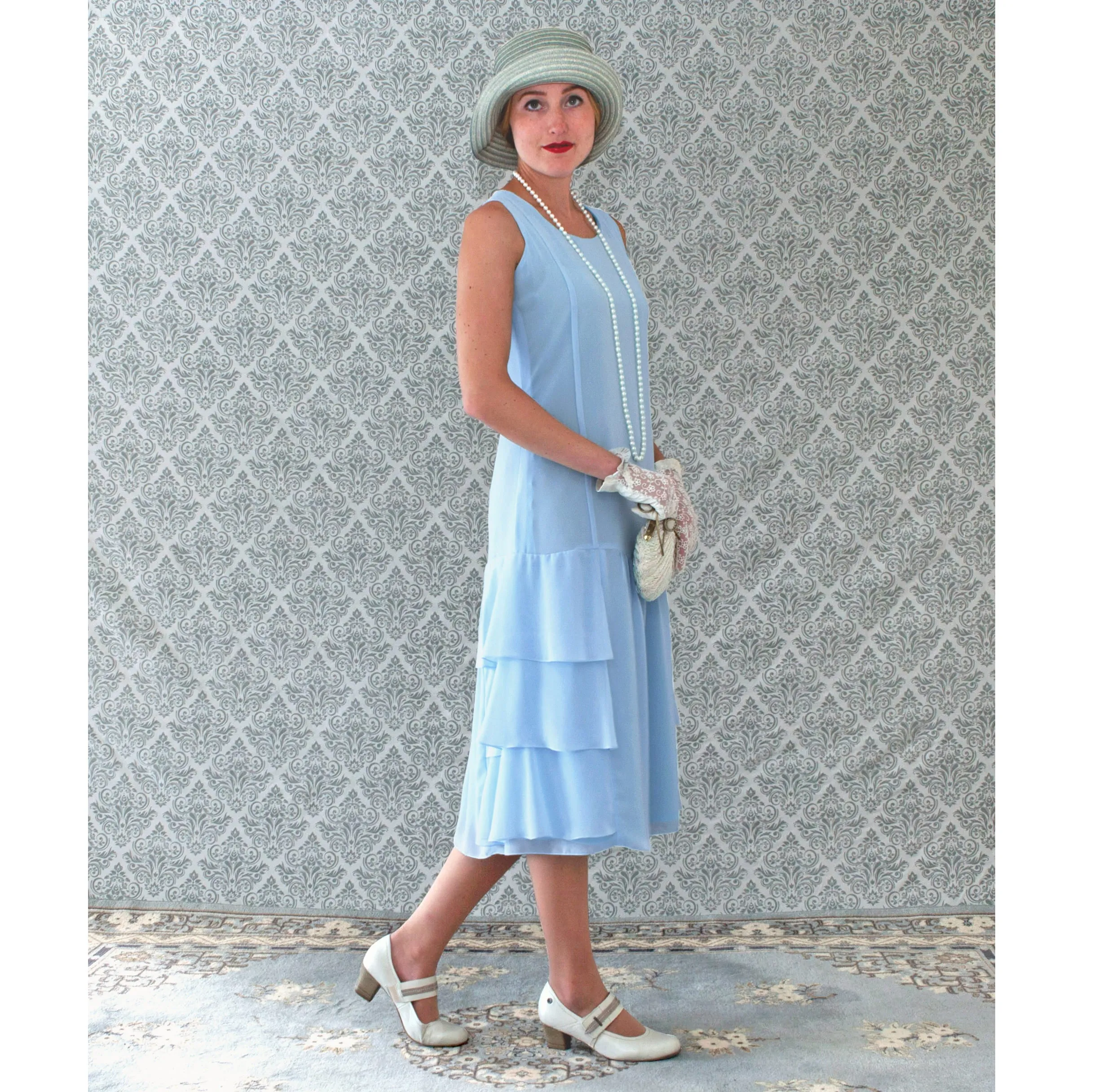 Light blue Roaring 20s dress with tiered skirt