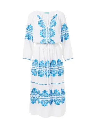 Lillie White/Blue Embroidered Long Sleeve Belted Midi Dress