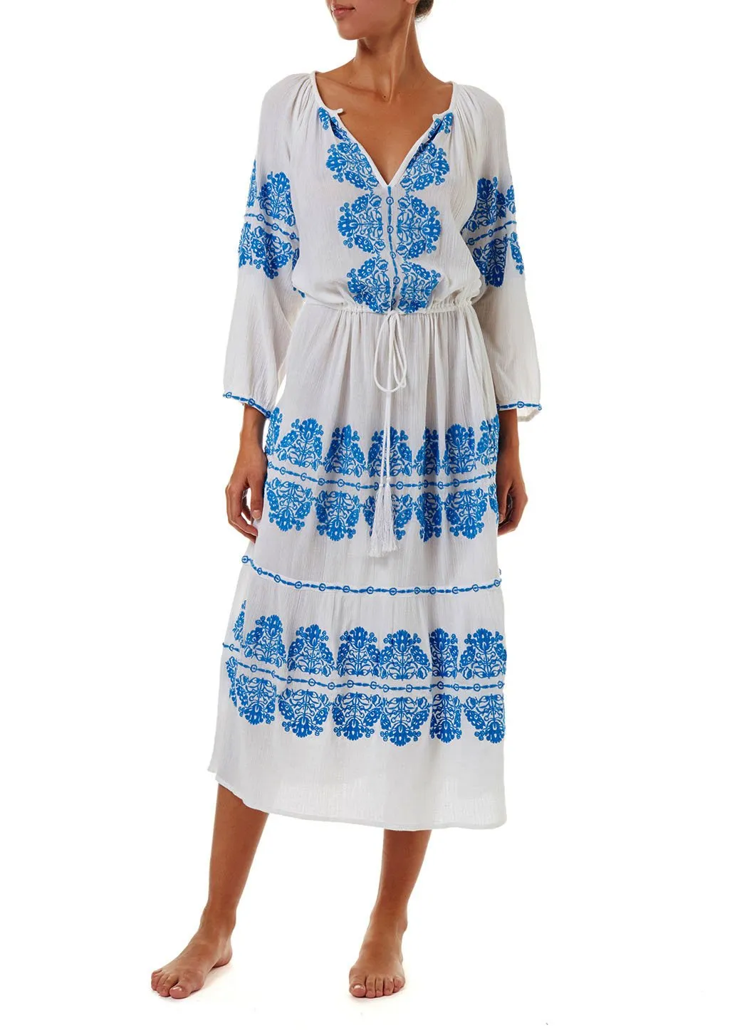 Lillie White/Blue Embroidered Long Sleeve Belted Midi Dress