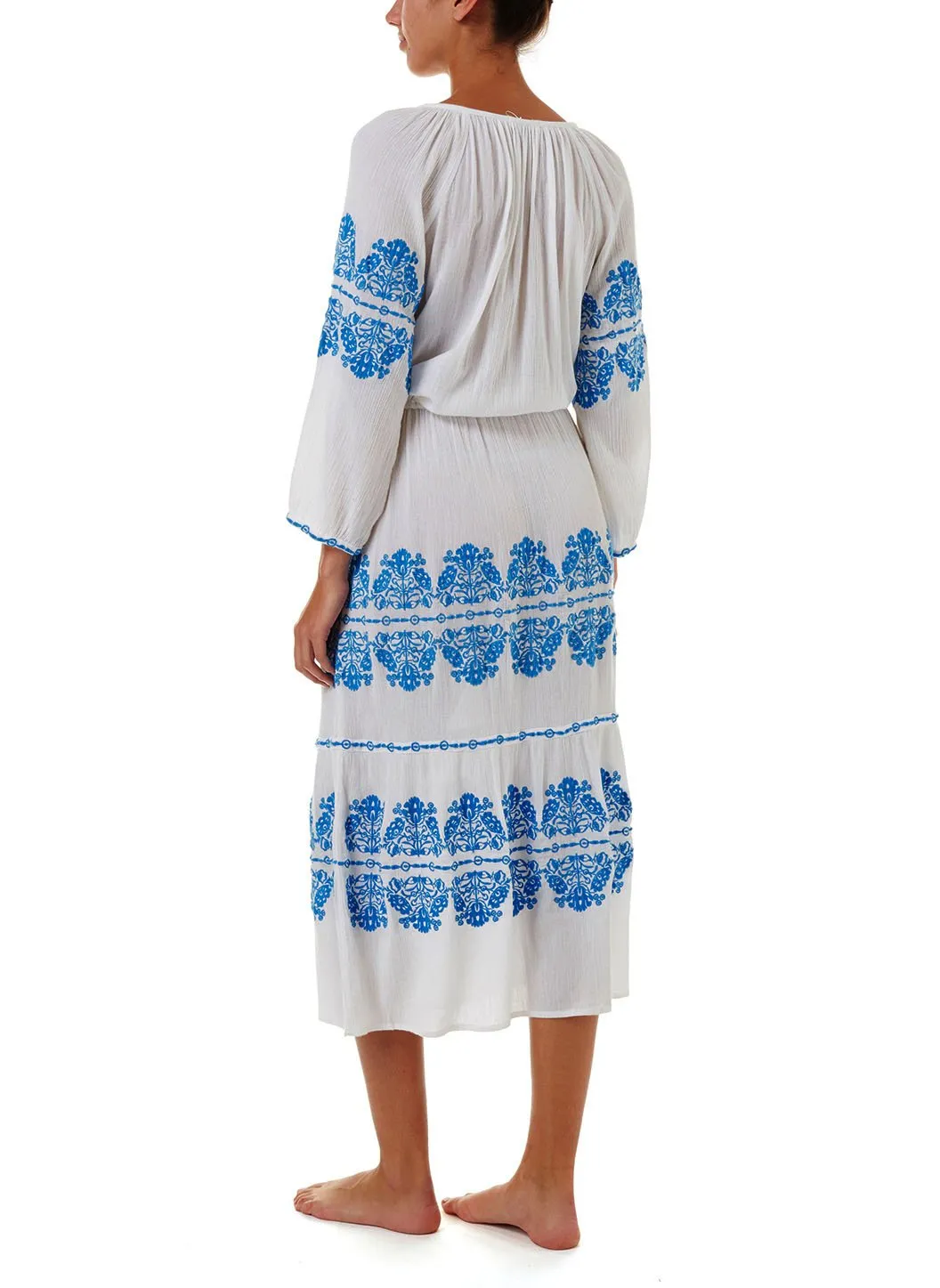 Lillie White/Blue Embroidered Long Sleeve Belted Midi Dress