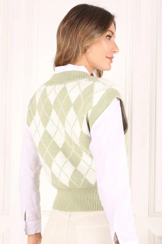 LILOU Knitted Argyle Sweater Vest