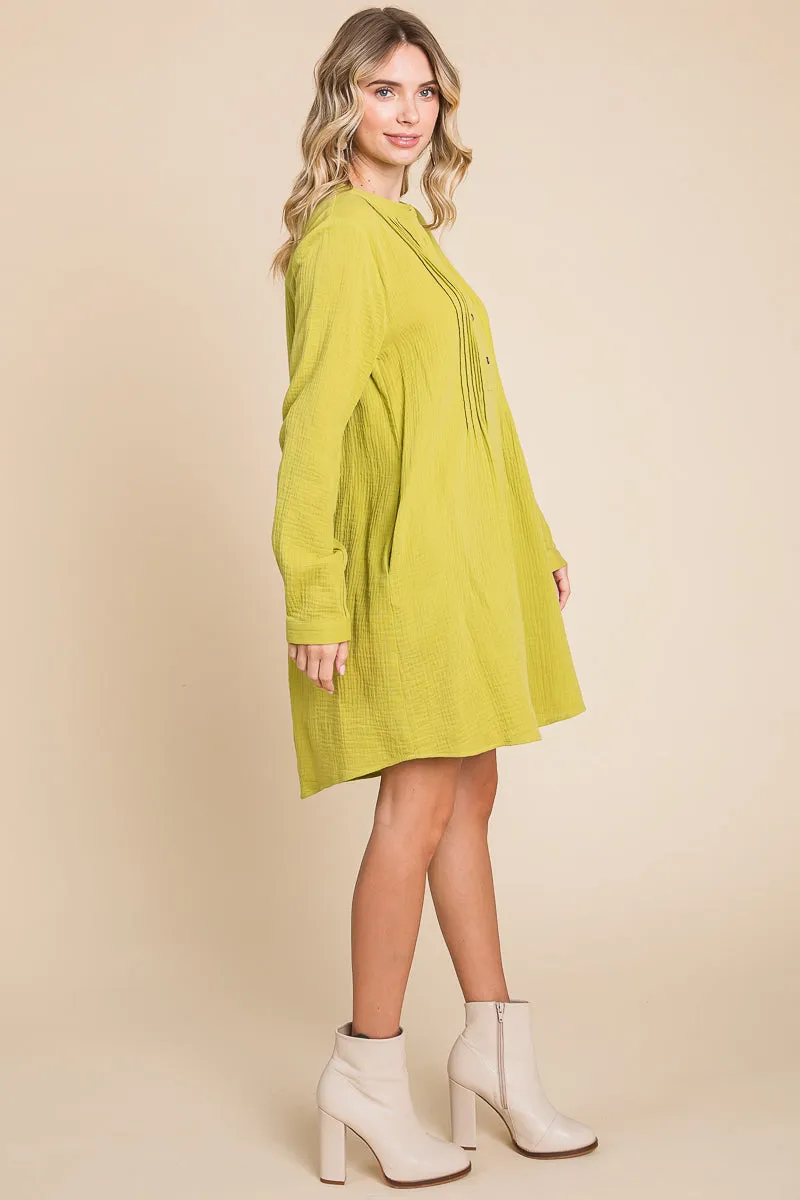 Long Sleeve Double Gauze Henley Tunic Cotton Dress