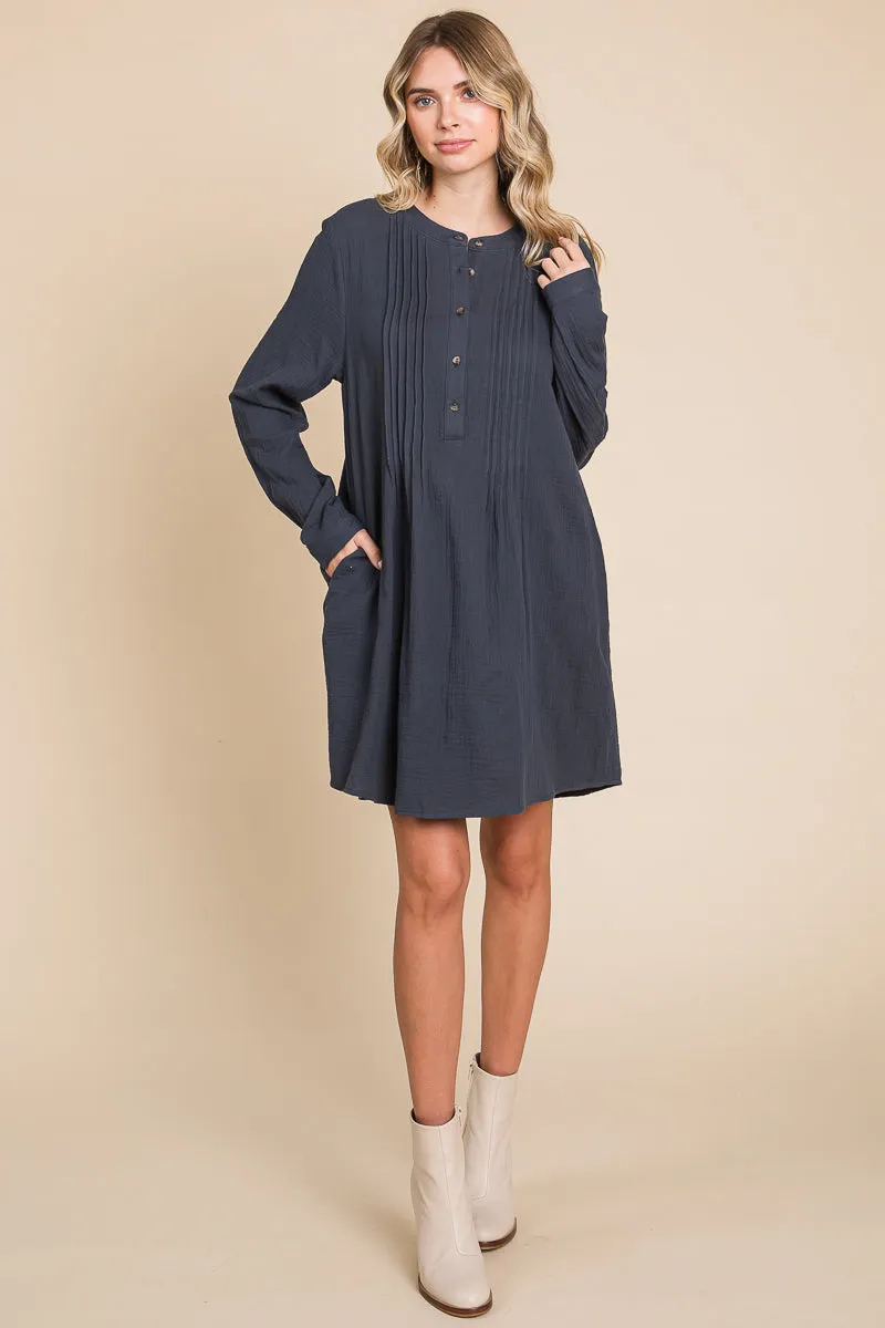 Long Sleeve Double Gauze Henley Tunic Cotton Dress