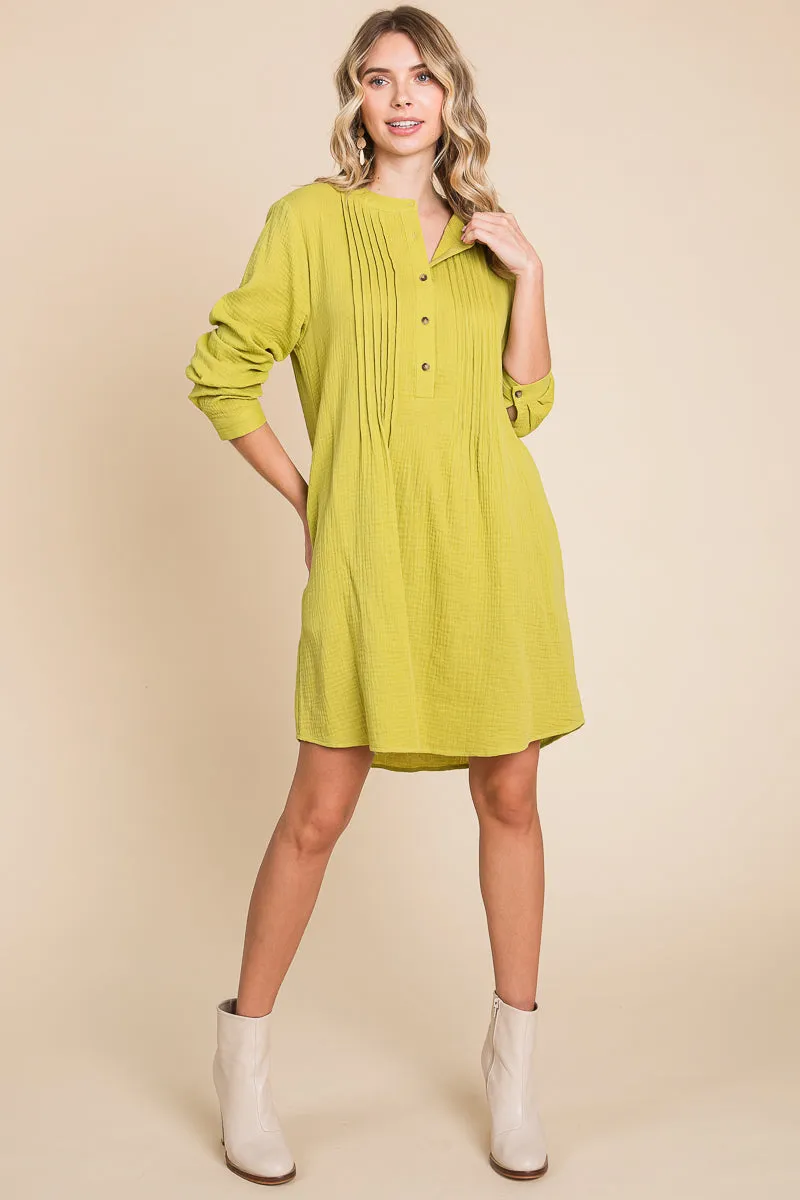 Long Sleeve Double Gauze Henley Tunic Cotton Dress