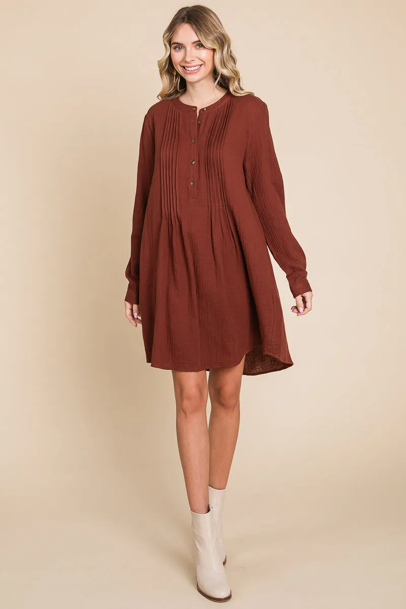 Long Sleeve Double Gauze Henley Tunic Cotton Dress