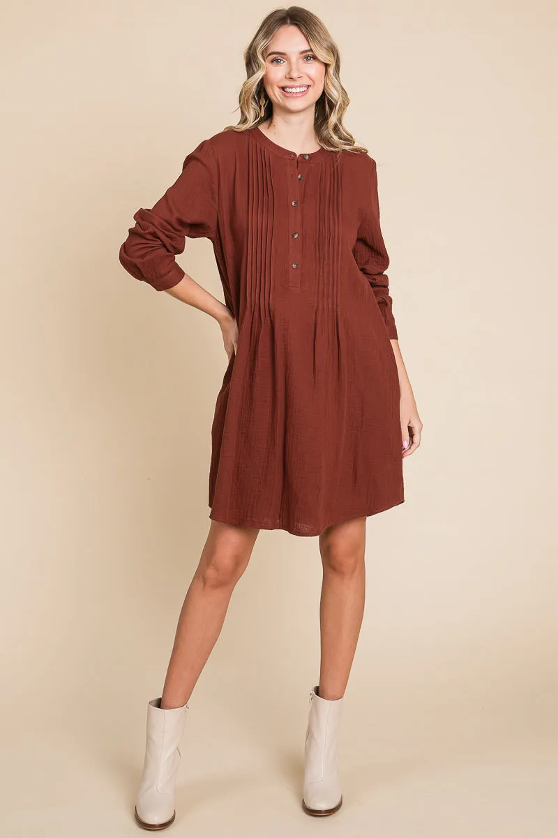 Long Sleeve Double Gauze Henley Tunic Cotton Dress