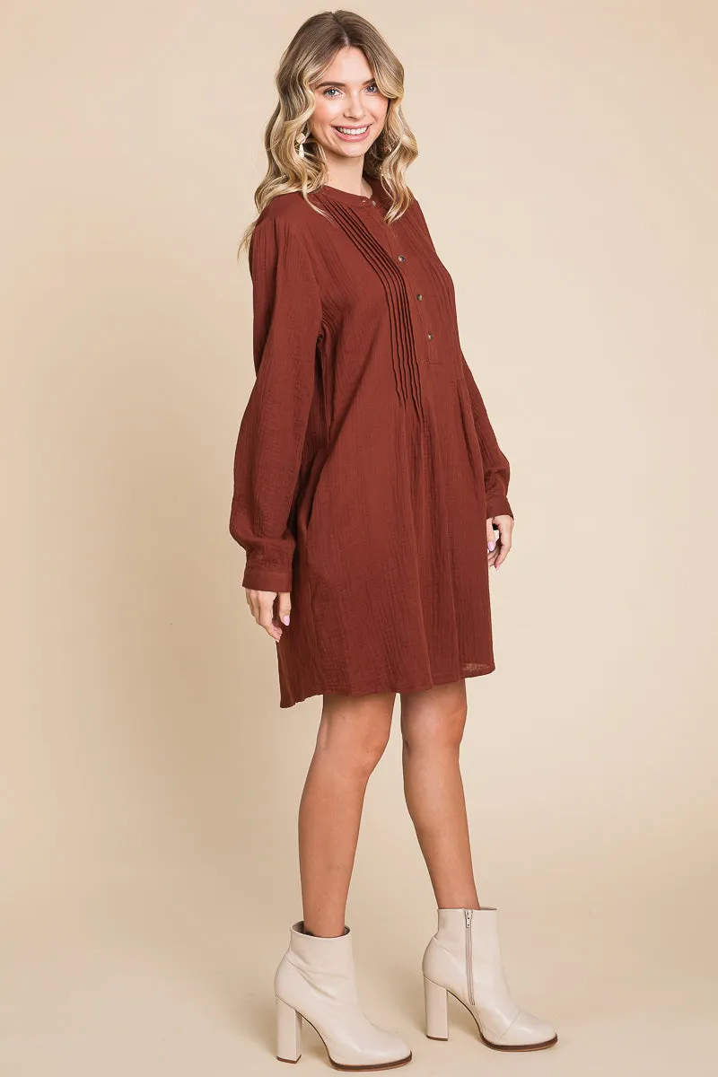 Long Sleeve Double Gauze Henley Tunic Cotton Dress