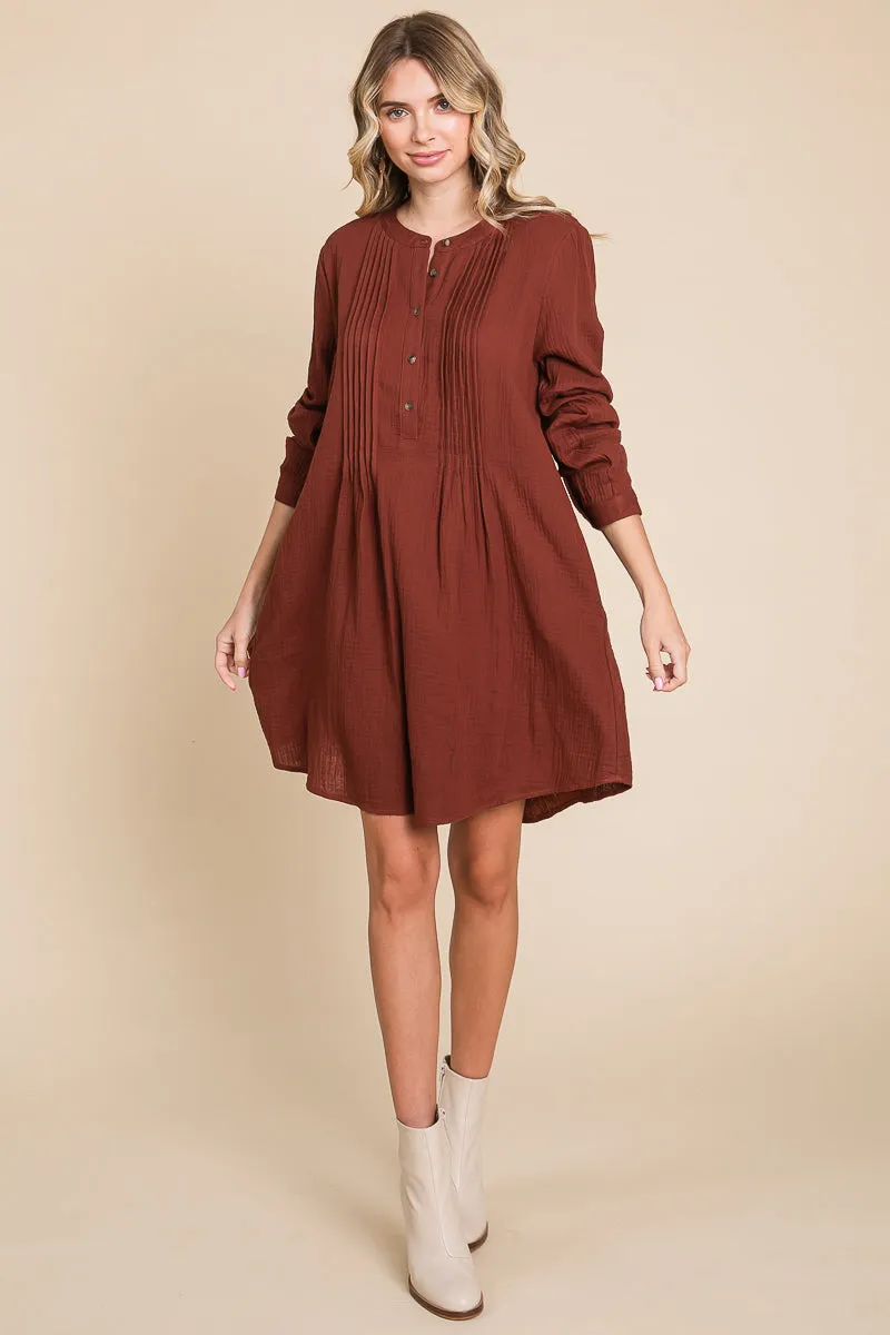 Long Sleeve Double Gauze Henley Tunic Cotton Dress