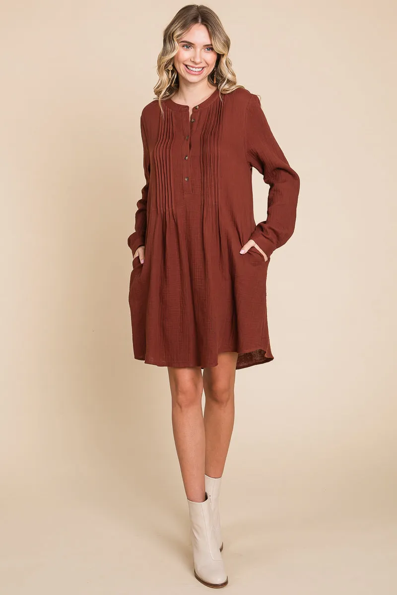 Long Sleeve Double Gauze Henley Tunic Cotton Dress