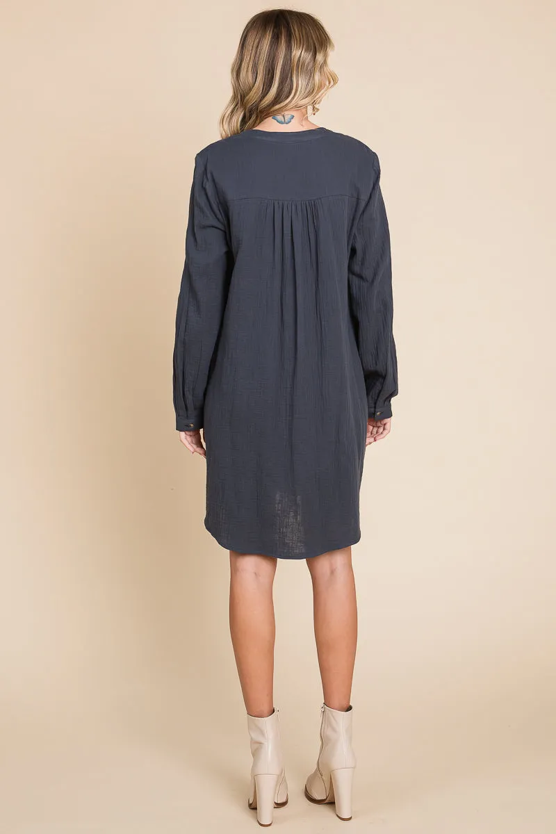 Long Sleeve Double Gauze Henley Tunic Cotton Dress