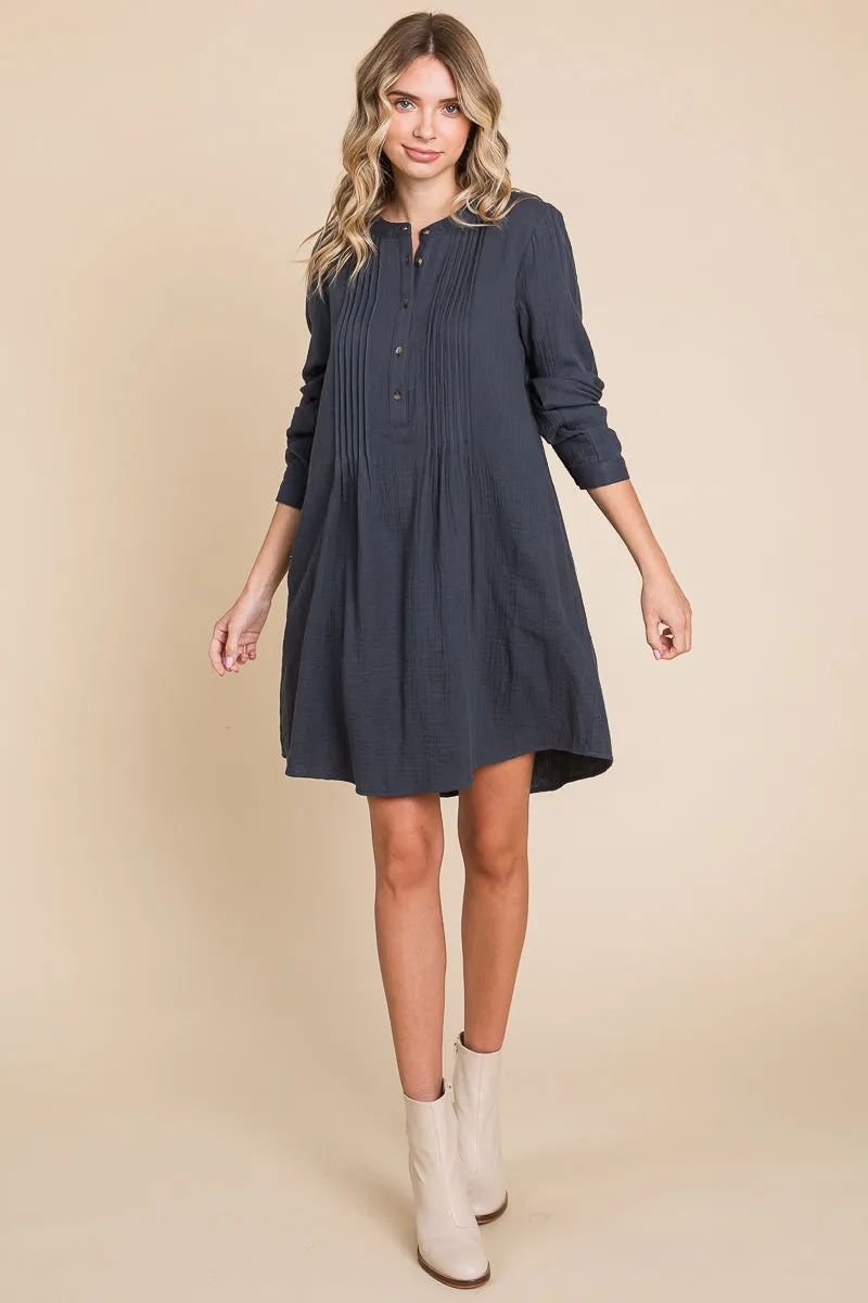 Long Sleeve Double Gauze Henley Tunic Cotton Dress