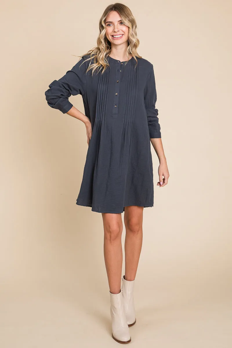 Long Sleeve Double Gauze Henley Tunic Cotton Dress