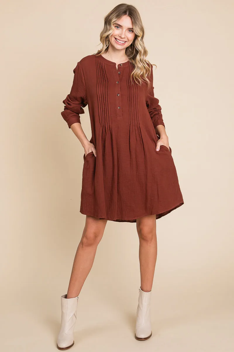 Long Sleeve Double Gauze Henley Tunic Cotton Dress