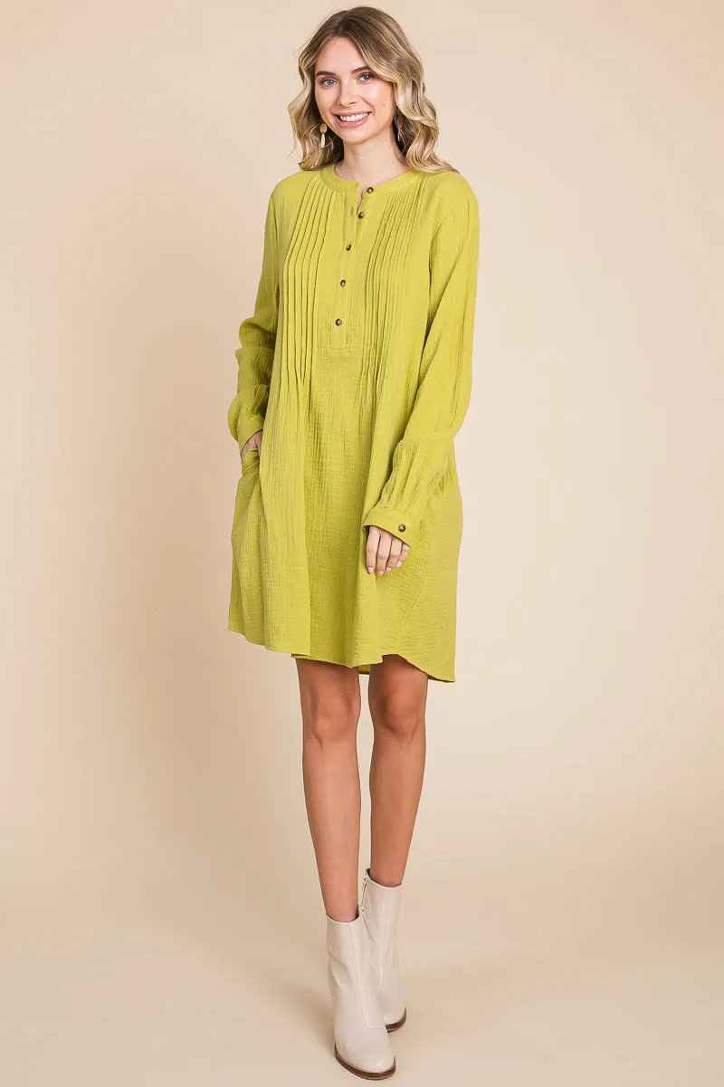 Long Sleeve Double Gauze Henley Tunic Cotton Dress