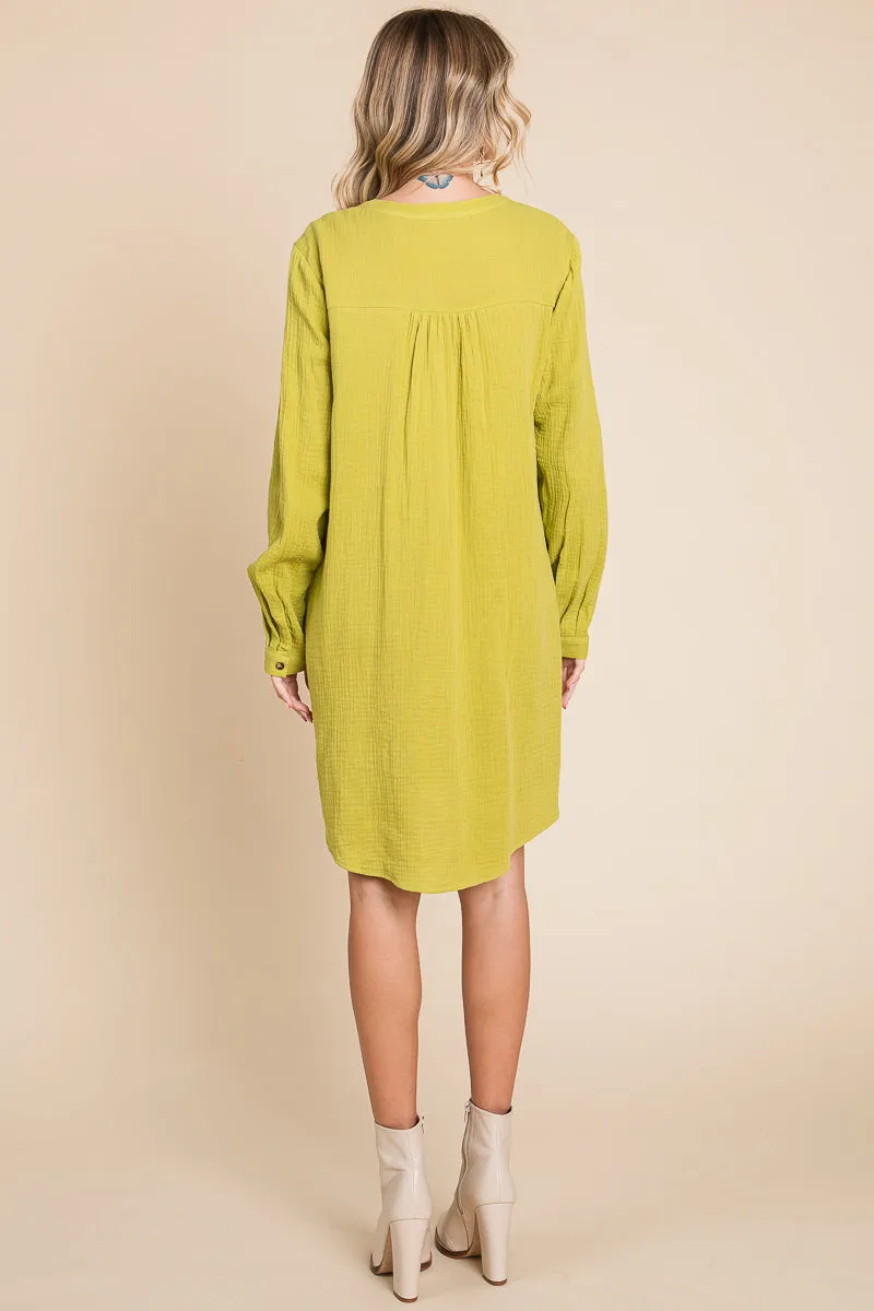 Long Sleeve Double Gauze Henley Tunic Cotton Dress