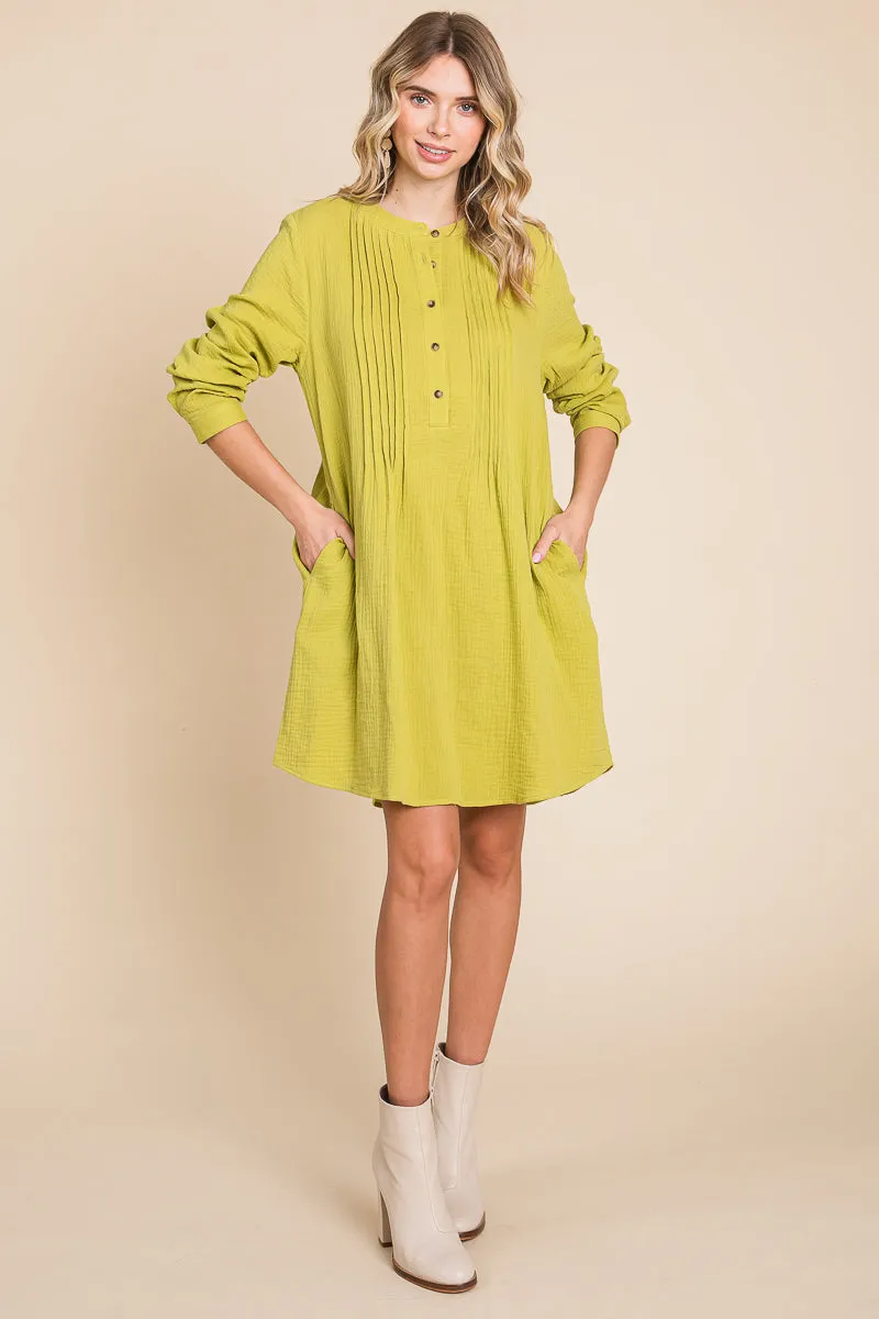 Long Sleeve Double Gauze Henley Tunic Cotton Dress