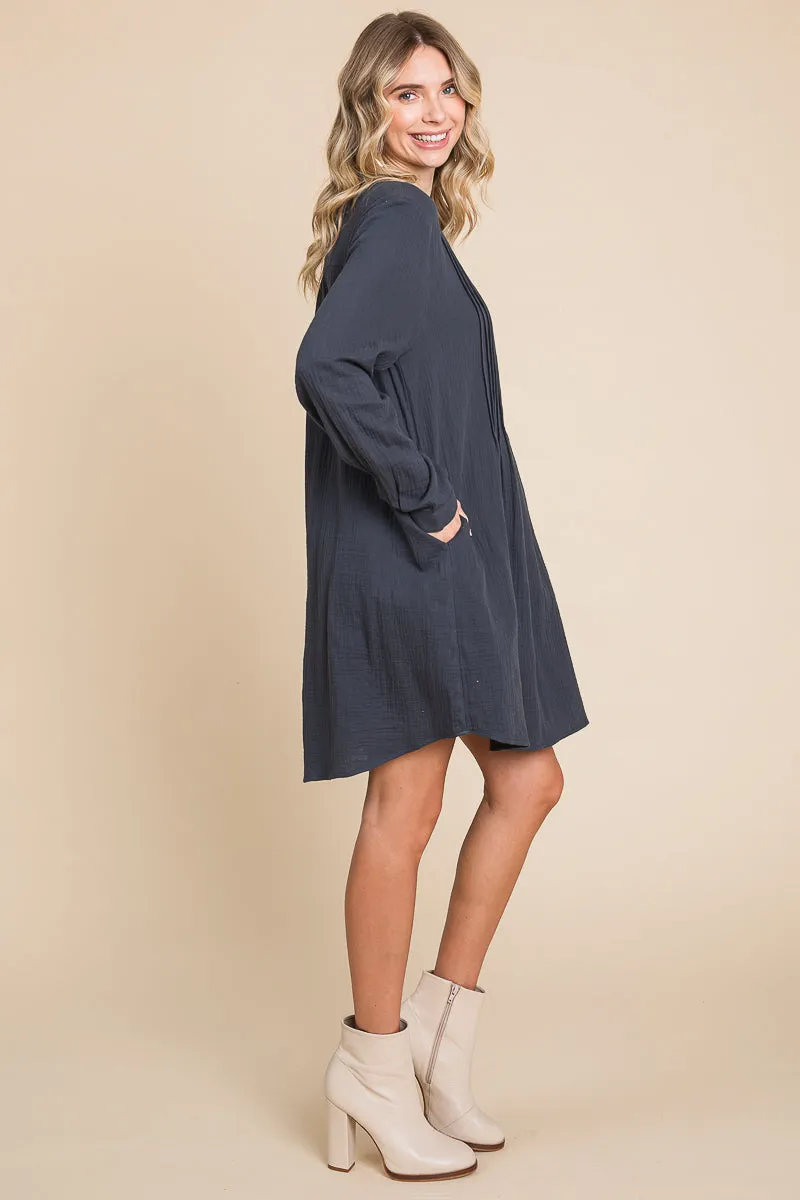 Long Sleeve Double Gauze Henley Tunic Cotton Dress