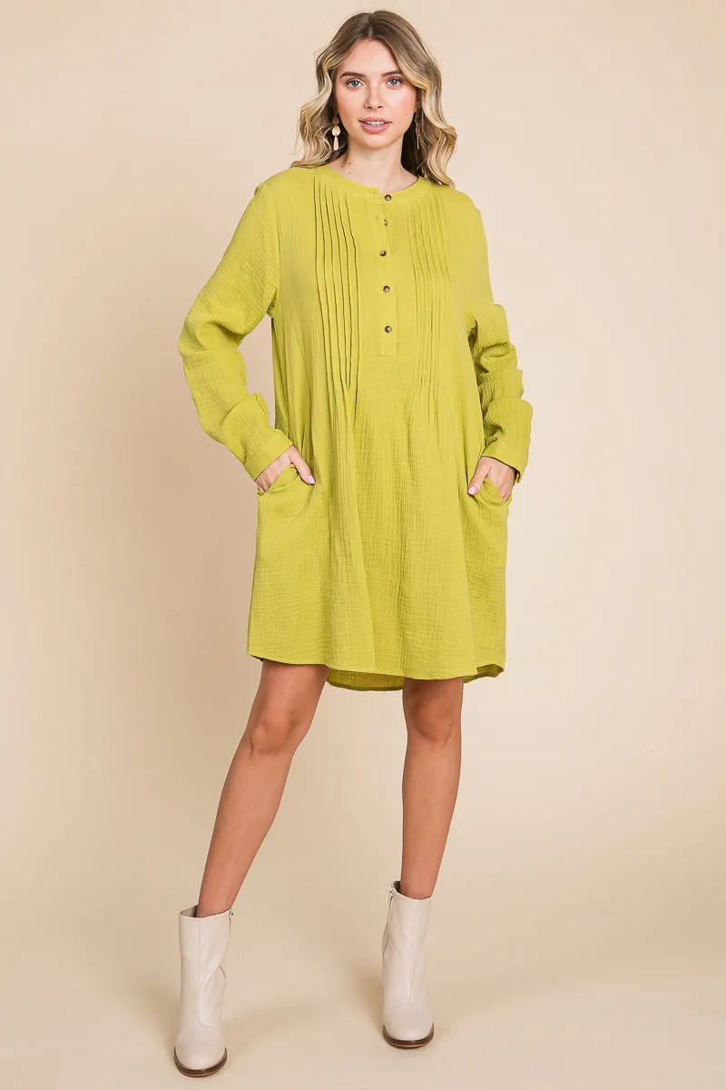 Long Sleeve Double Gauze Henley Tunic Cotton Dress