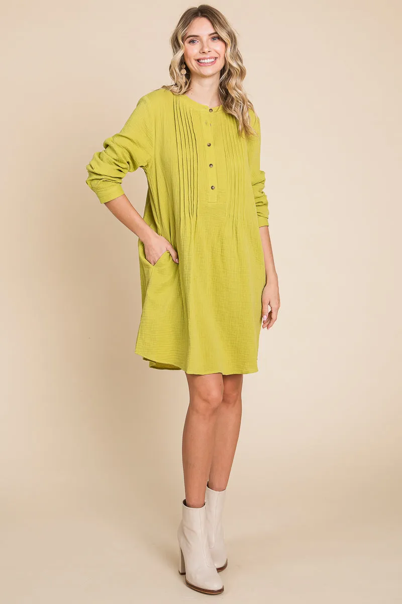 Long Sleeve Double Gauze Henley Tunic Cotton Dress