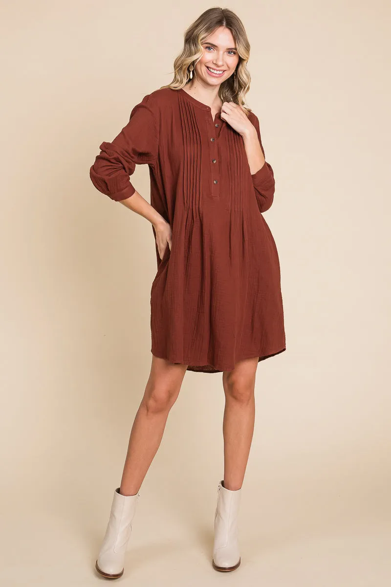 Long Sleeve Double Gauze Henley Tunic Cotton Dress