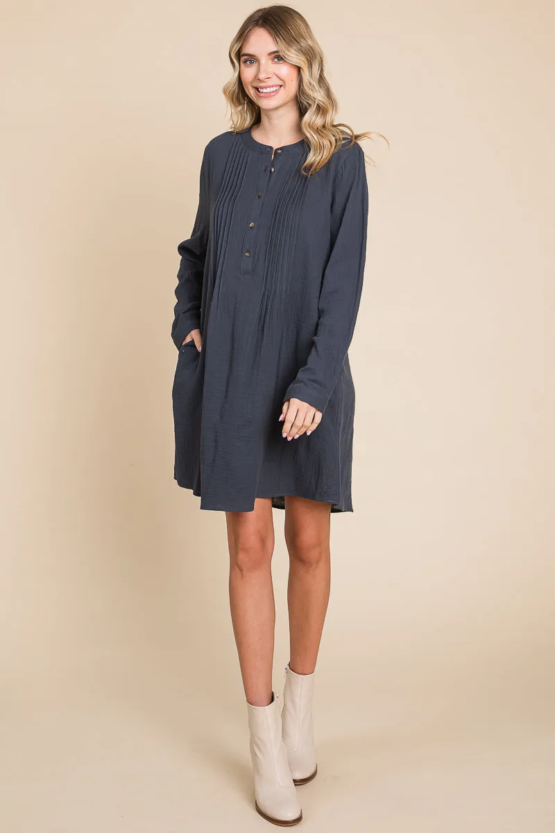 Long Sleeve Double Gauze Henley Tunic Cotton Dress