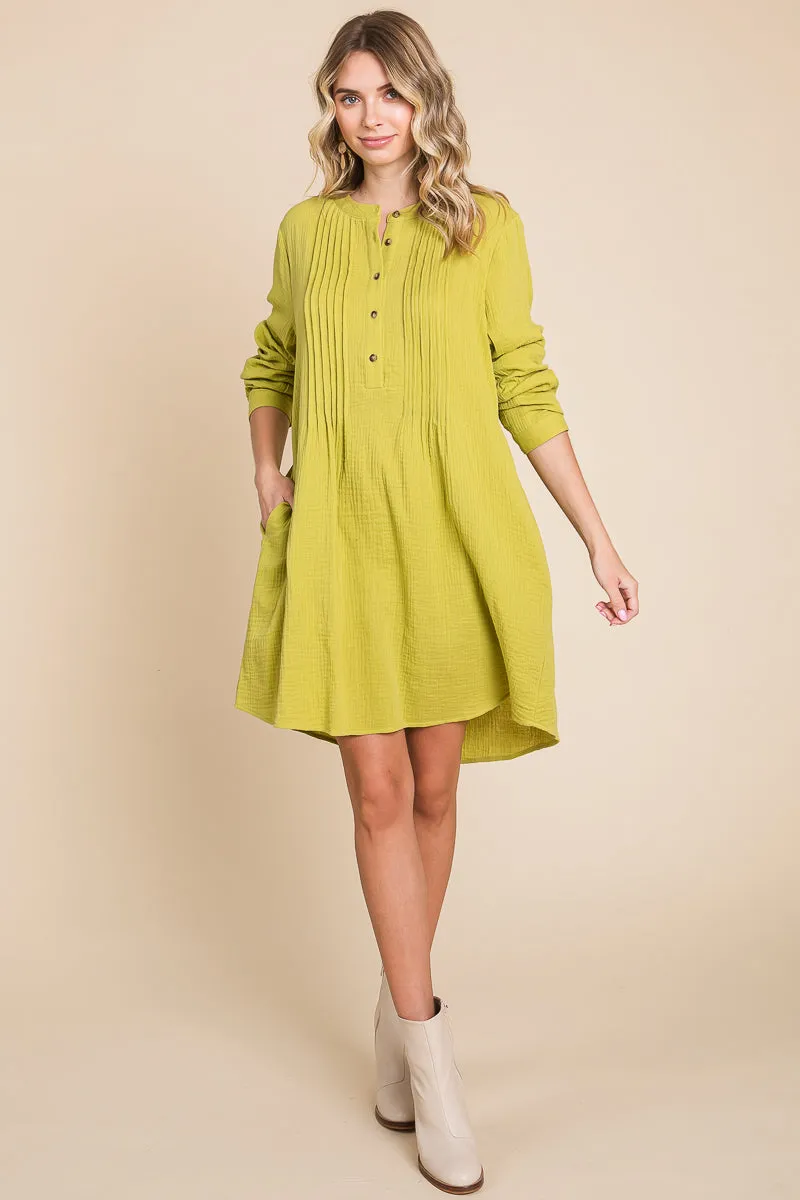 Long Sleeve Double Gauze Henley Tunic Cotton Dress