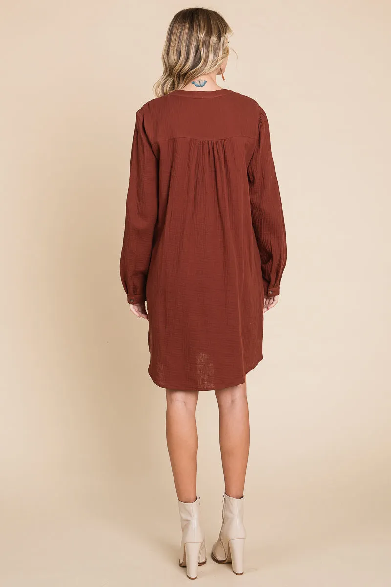 Long Sleeve Double Gauze Henley Tunic Cotton Dress