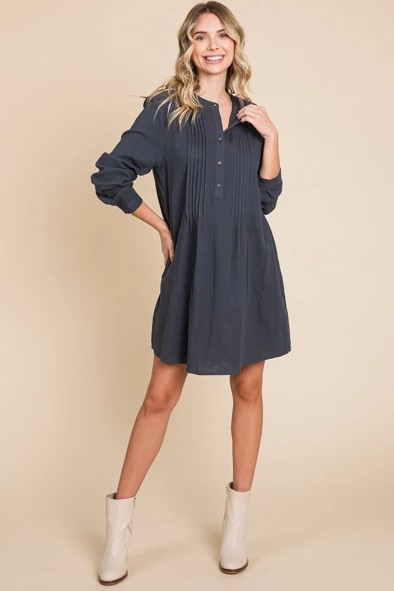 Long Sleeve Double Gauze Henley Tunic Cotton Dress