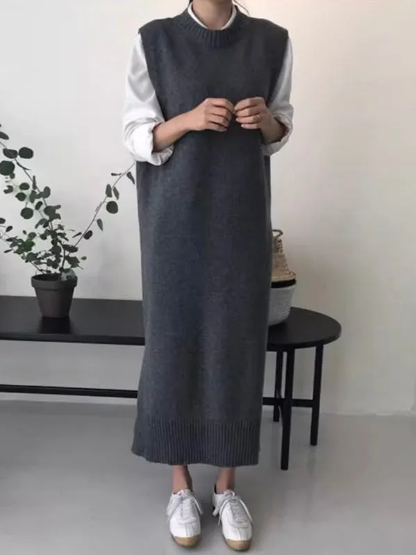 Loose Round Neck Side Slit Knitted Vest Dress