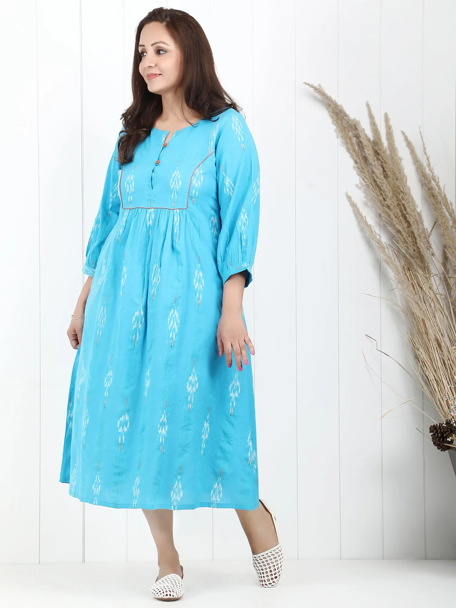 Maira Blue Ikat Cotton Yoke Dress