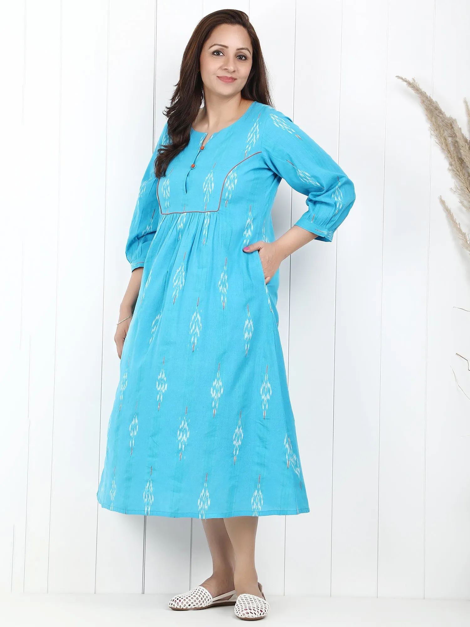 Maira Blue Ikat Cotton Yoke Dress